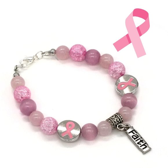 My Bead Emporium Jewelry - Bracelet Pink Ribbon Beads Breast Cancer Awareness Faith Charm